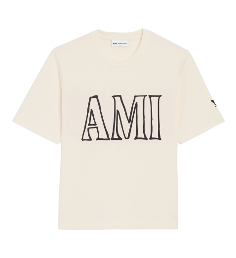 T-shirt Beige Crème Imprimé Ami Paris en Coton